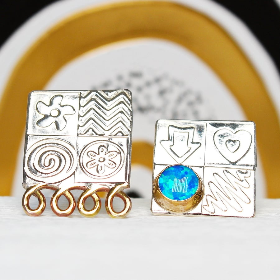 Blue opal ear studs, handmade, sterling silver, asymmetrical, gemstone choice. 