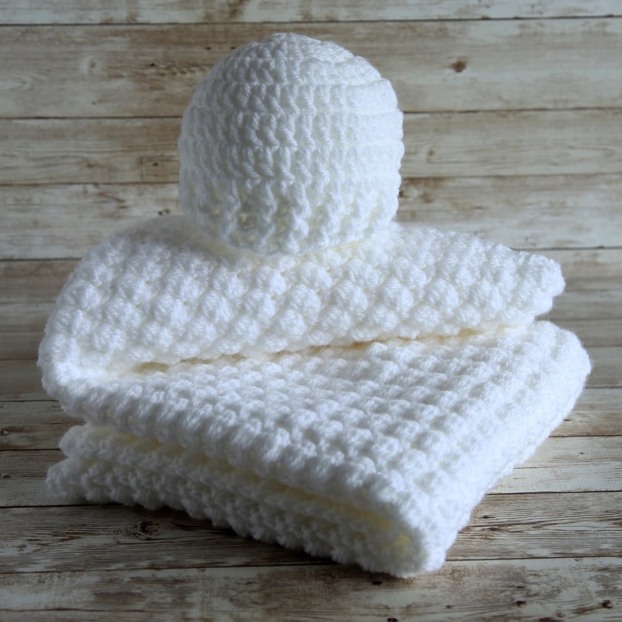 White Baby Blanket and Hat