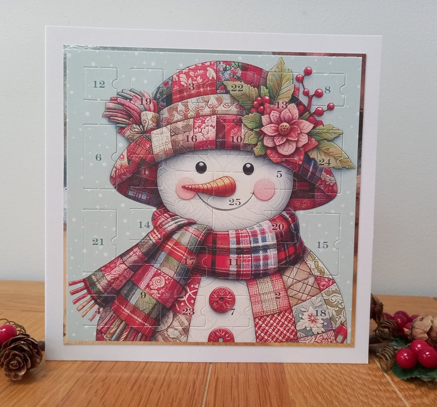 New for 2026 Advent Calendar Style Christmas Card - Patchwork Snowman