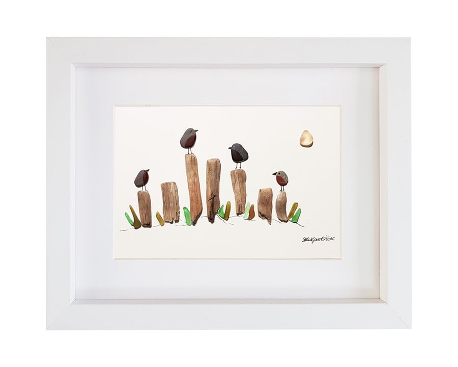 Beach Birds - Pebble Picture - Framed Unique Handmade Art