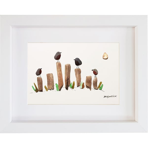 Beach Birds - Pebble Picture - Framed Unique Handmade Art