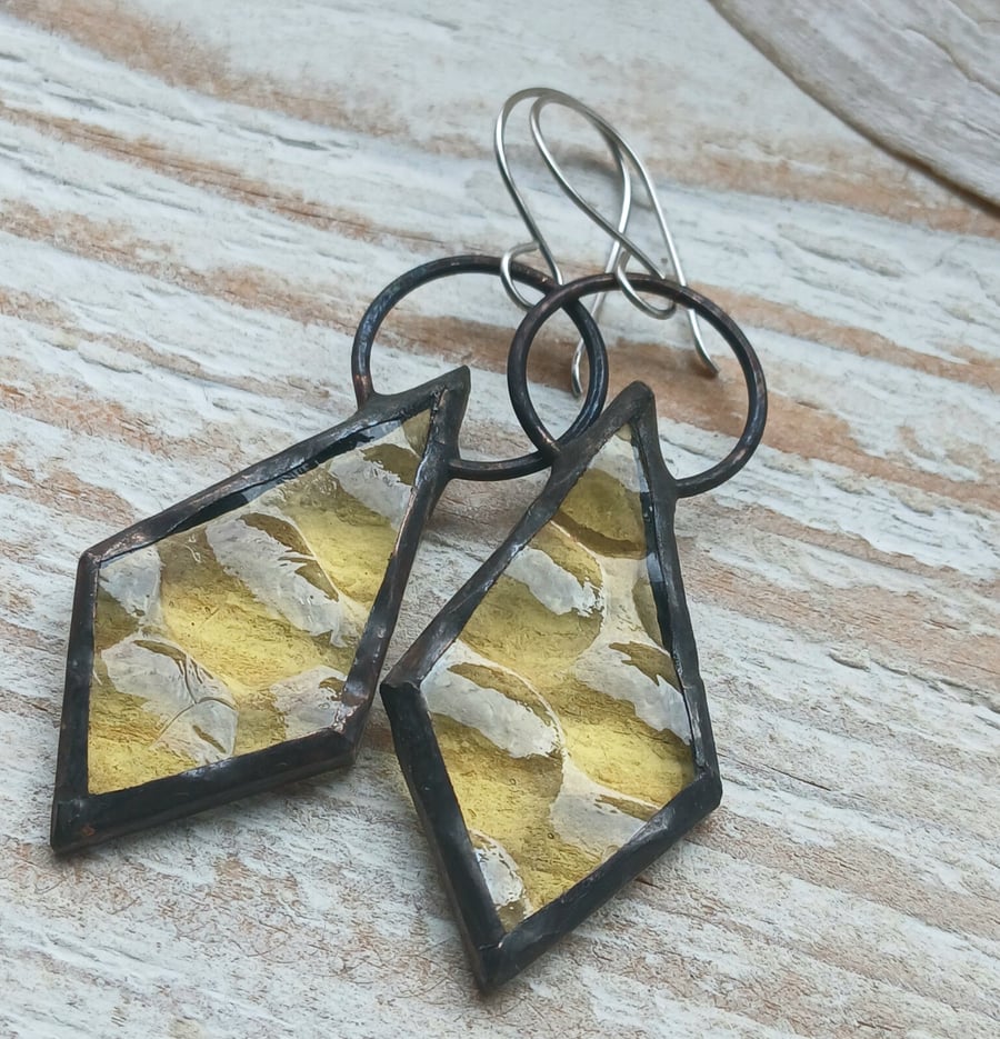 Handmade Yellow Stained Glass Copper Earrings
