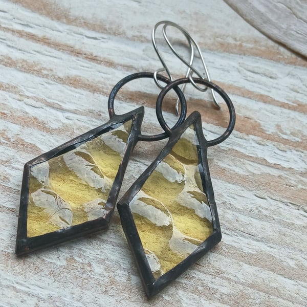 Handmade Yellow Stained Glass Copper Earrings