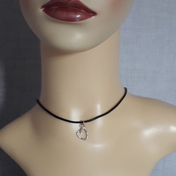 Leather choker Necklace silver heart Adjustable