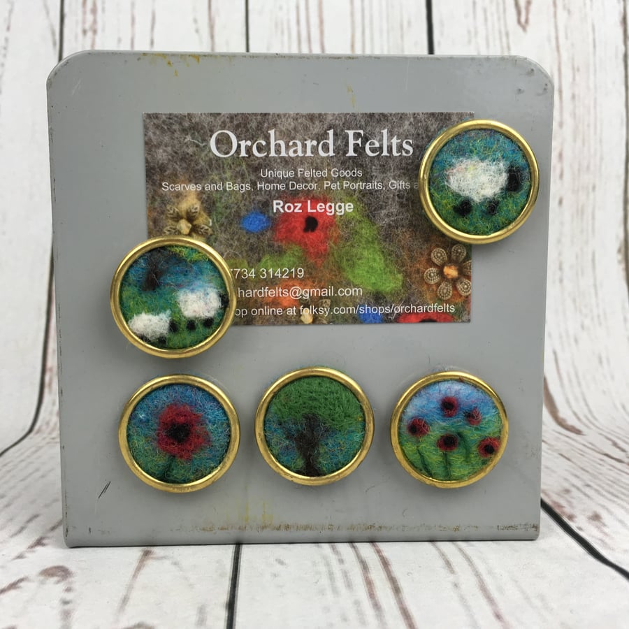 Set of five needle felted fridge magnets, miniature pictures