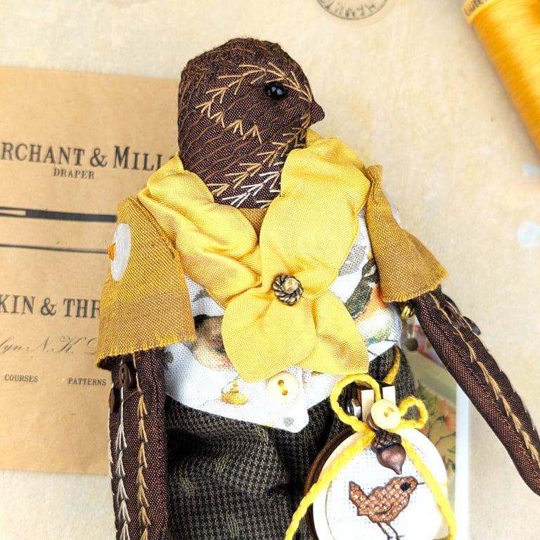 Sam  A  Tiny Hand Embroidered Wren Folk Art Doll