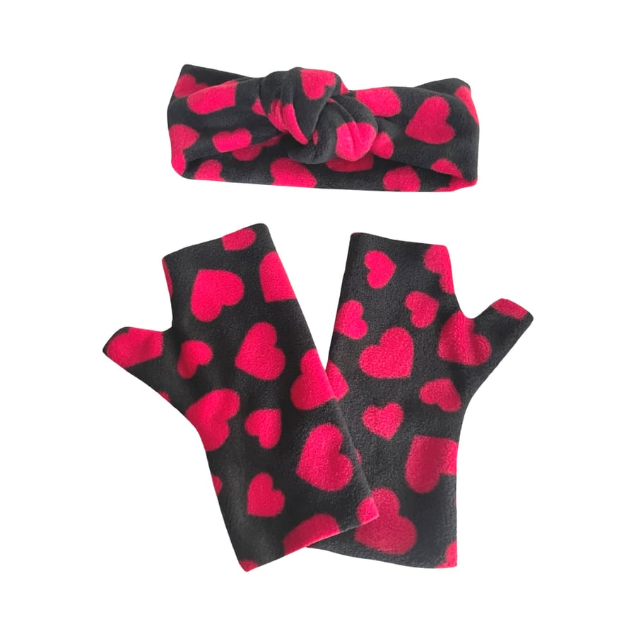Heart fleece fingerless gloves and soft knotted ear warmer headband set for 