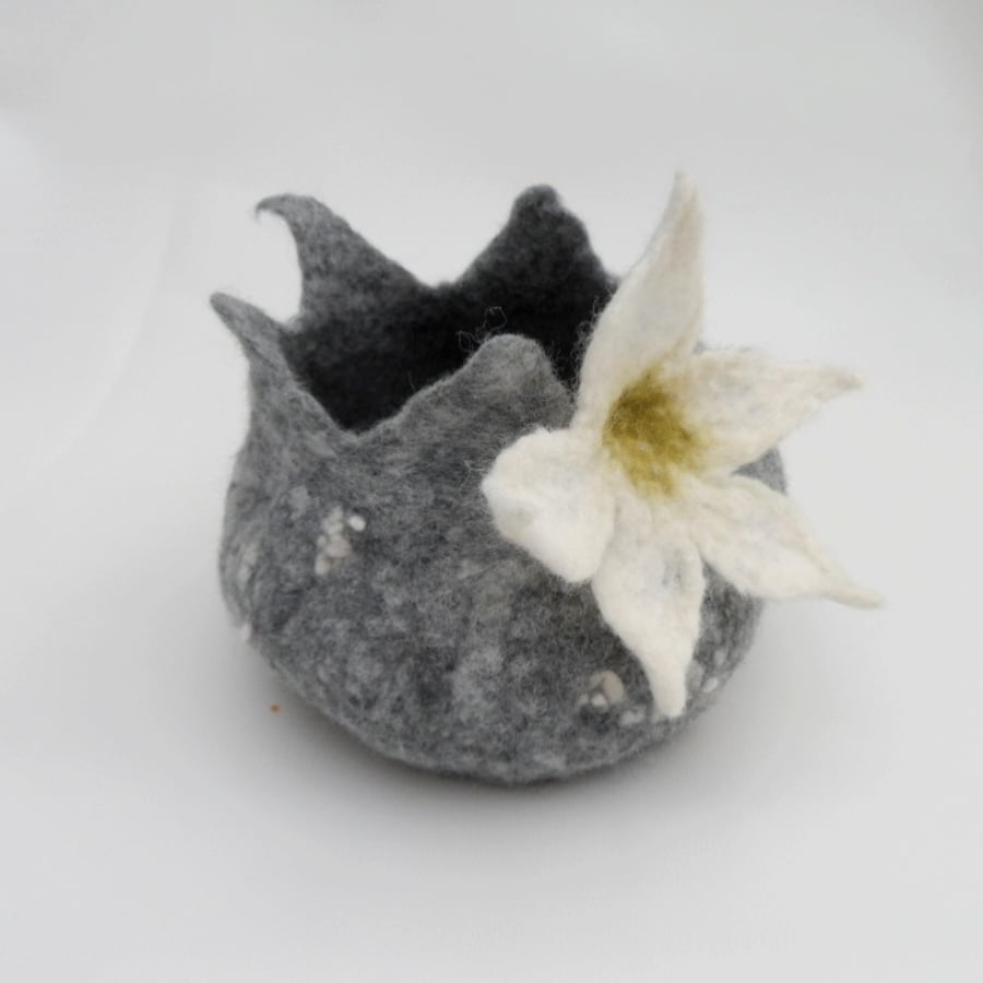Hand felted vessel, pot, pod - grey with white decorative flower
