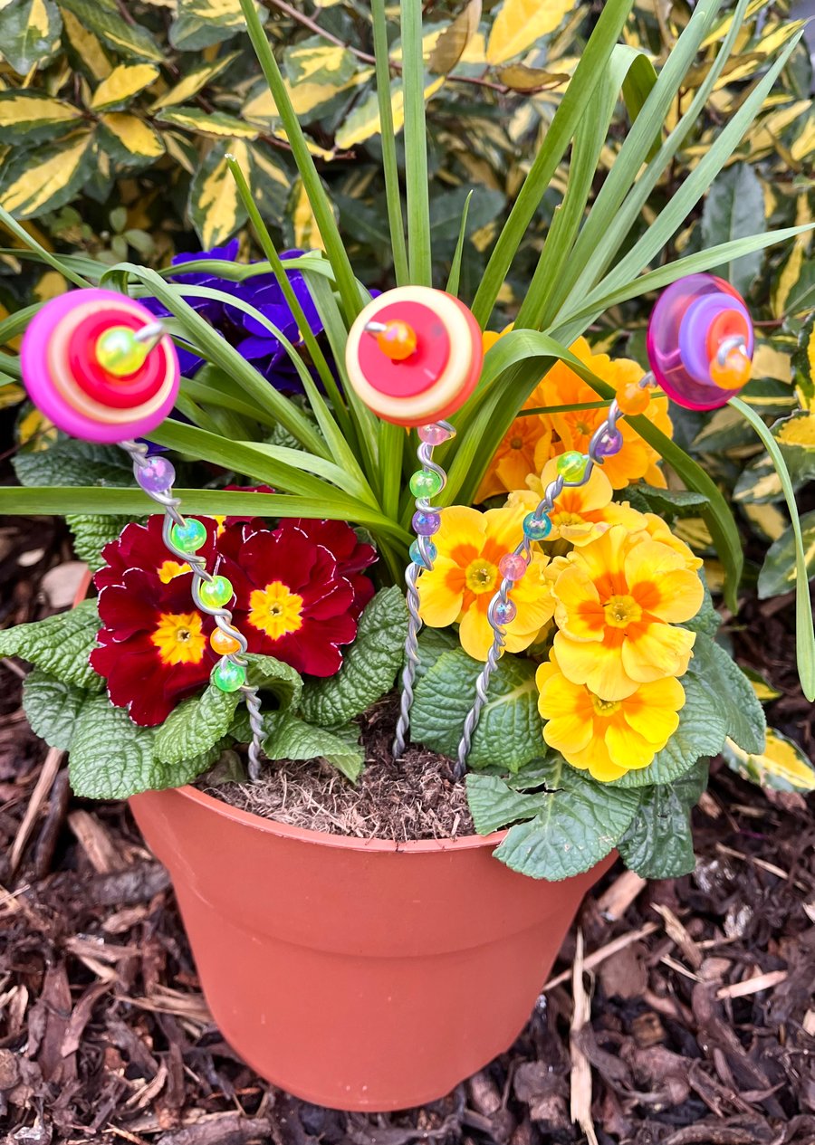 Set of 3 Whimsical Flower Plant Pot Stakes, Plant Pot Stakes, Garden Stakes