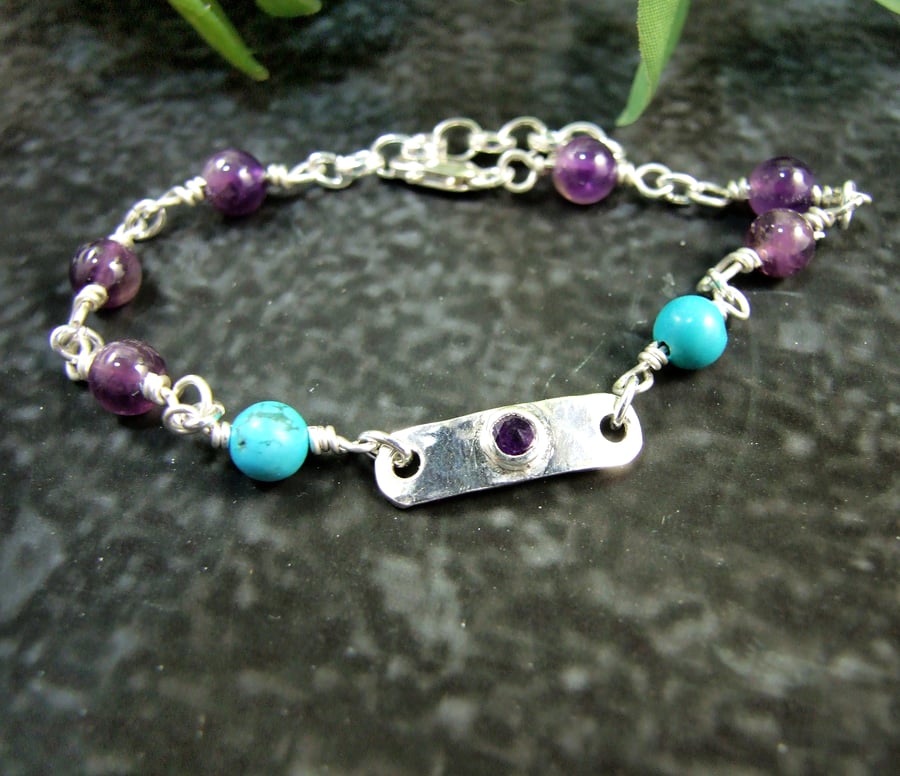 Sterling Silver Amethyst and Turquoise Bracelet