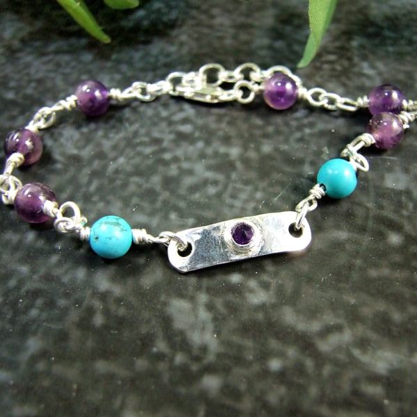 Sterling Silver Amethyst and Turquoise Bracelet