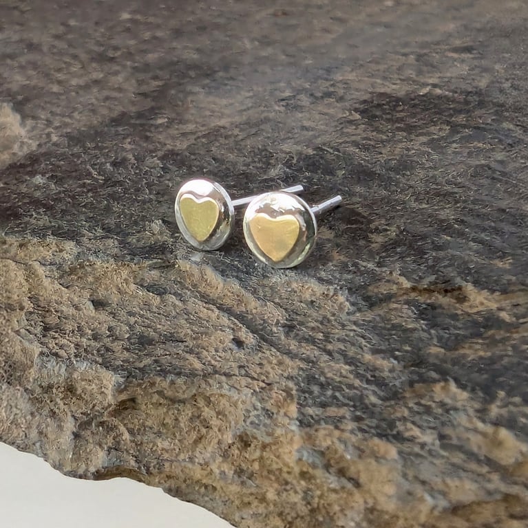 Sterling Silver GOLD Heart Stud Earrings, Handmade Urban Jewellery