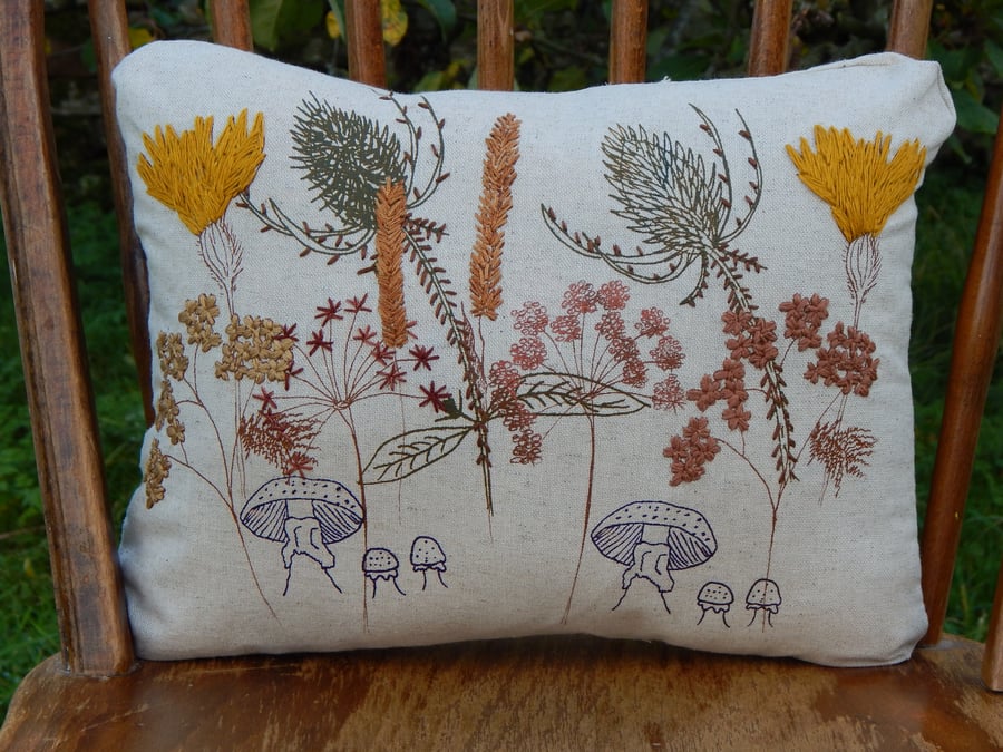 RESERVED Beige, autumn - Screen printed wild flower cushion 