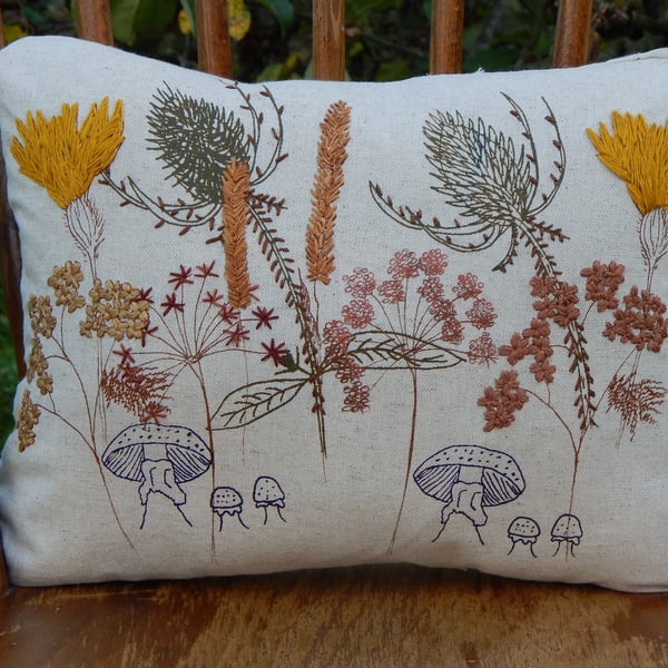 RESERVED Beige, autumn - Screen printed wild flower cushion 