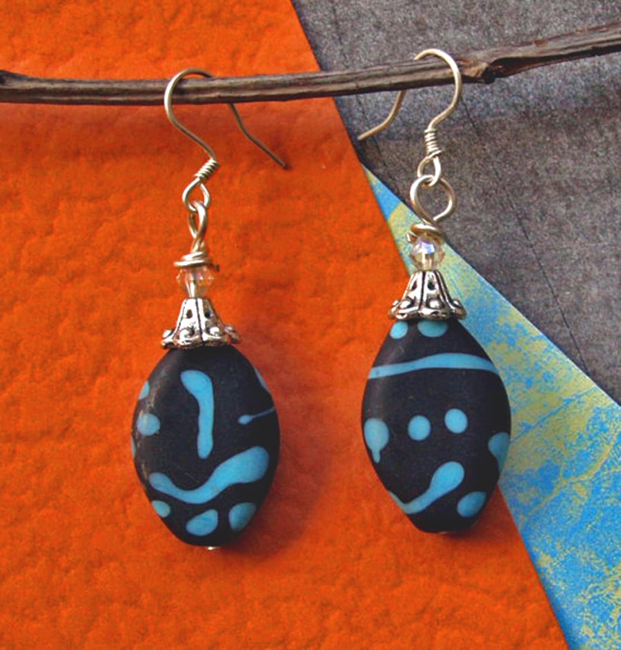 SALE -  Bead  Earrings - Handmade Artisan Glass Beads - Black Earrings