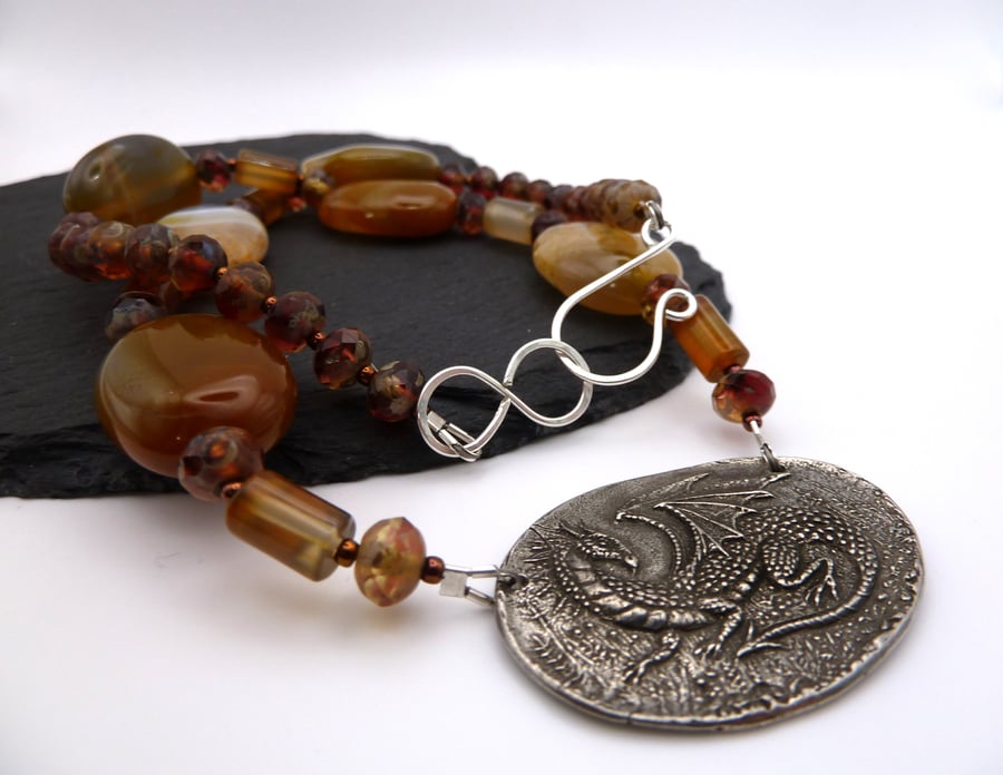 botswana agate gemstone necklace, pewter dragon pendant