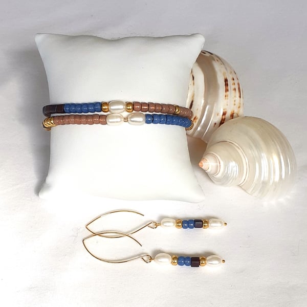 Two freshwater pearl and seed bead bracelets with matching earrings