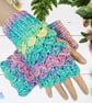Crochet gloves. Pastel shades dragon scale gloves. Green fingerless gloves.
