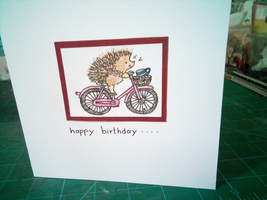 Cute hedgehog on bike birthday card 