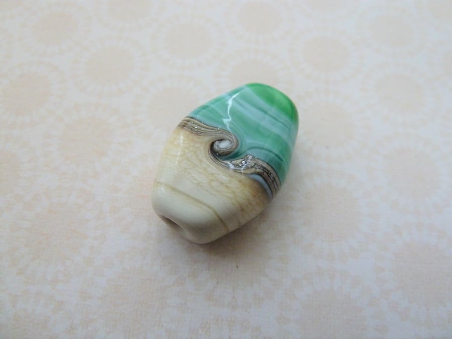 lampwork glass focal bead, green and ivory beach 