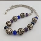 Blue and purple faceted glass bead necklace - 1002595