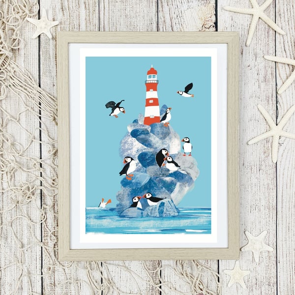 Seaside Coastal Art Bird puffin lighthouse Print 