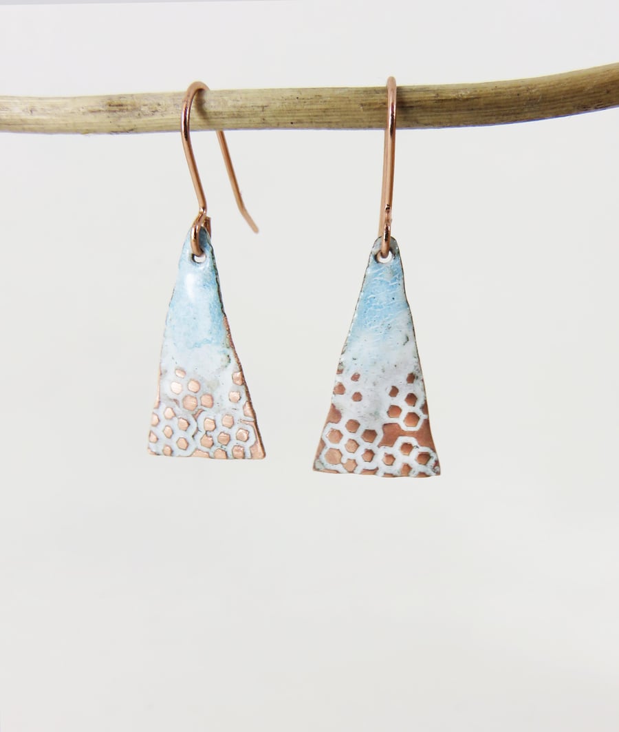Triangle Textured Copper and Enamel Dangle Earrings