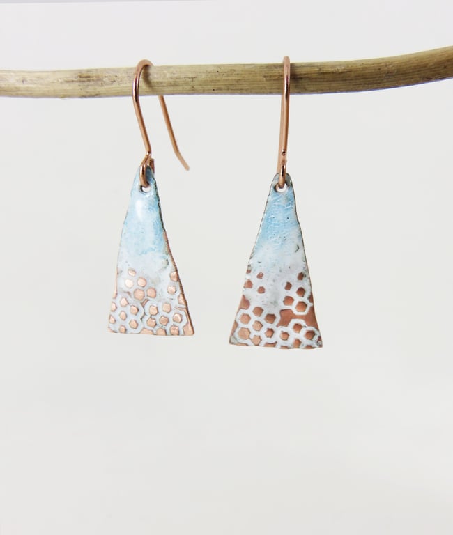 Triangle Textured Copper and Enamel Dangle Earrings