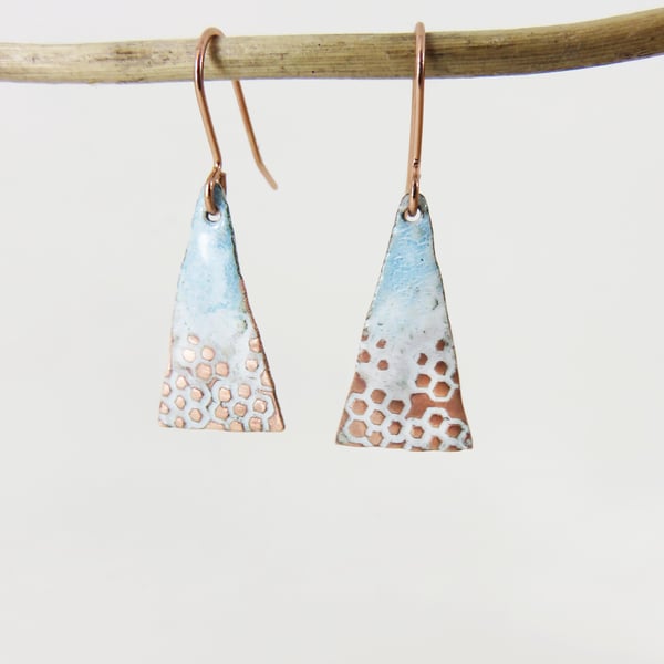 Triangle Textured Copper and Enamel Dangle Earrings
