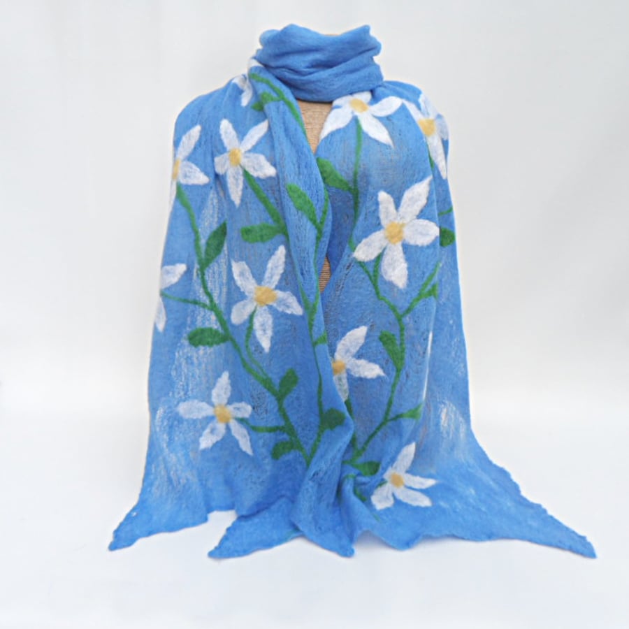 Cotton nuno felted long scarf, blue with flowers