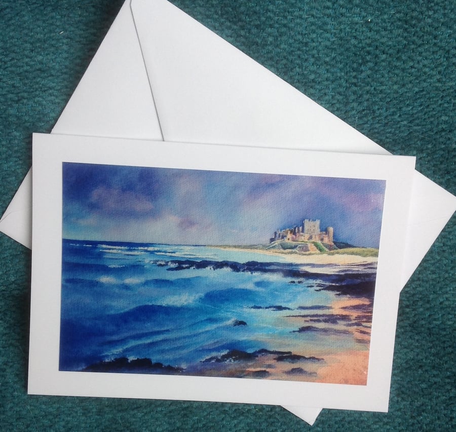 Hand made card from original watercolour, Bamburgh Castle, Blank inside, 5” x 7”