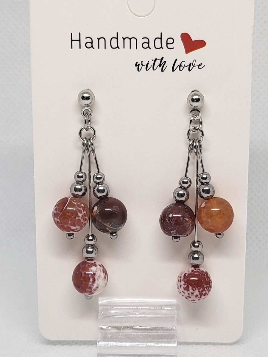 Fire Agate Triple Drop Earrings – Stainless Steel Handmade Earrings