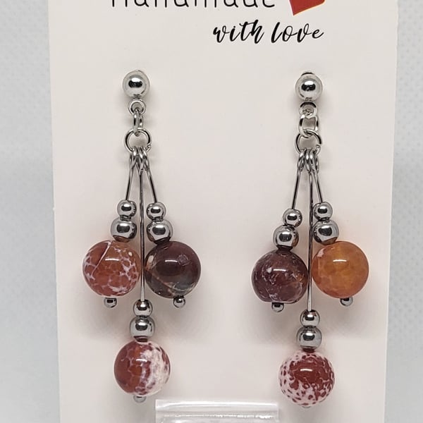 Fire Agate Triple Drop Earrings – Stainless Steel Handmade Earrings