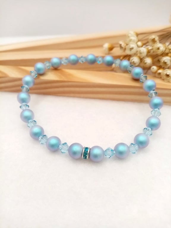 Stretch Bracelet - Baby Blue Austrian Crystal Pearl Bracelet 