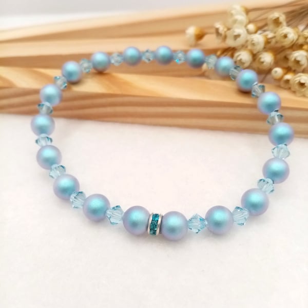 Stretch Bracelet - Baby Blue Austrian Crystal Pearl Bracelet 