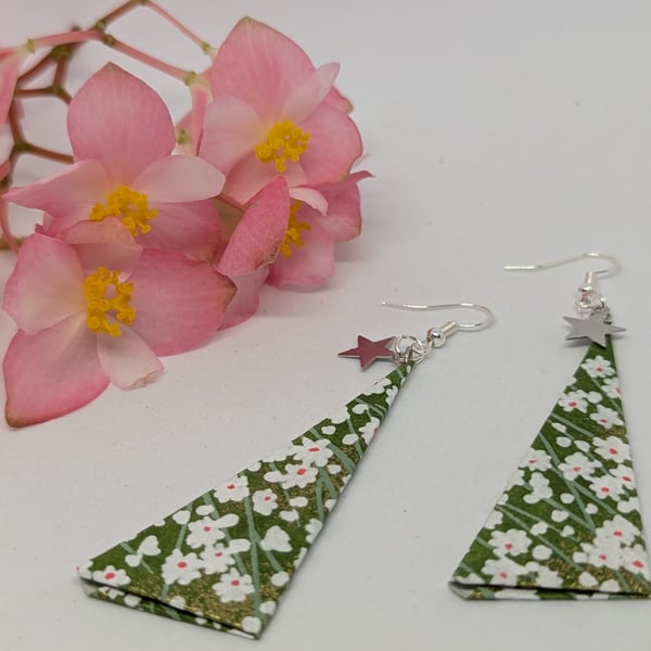 Long triangle paper earrings; green background with small white flowers