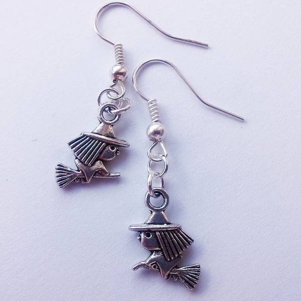 Silver Plate Cute Flying Witch Drop Dangle Cute Earrings