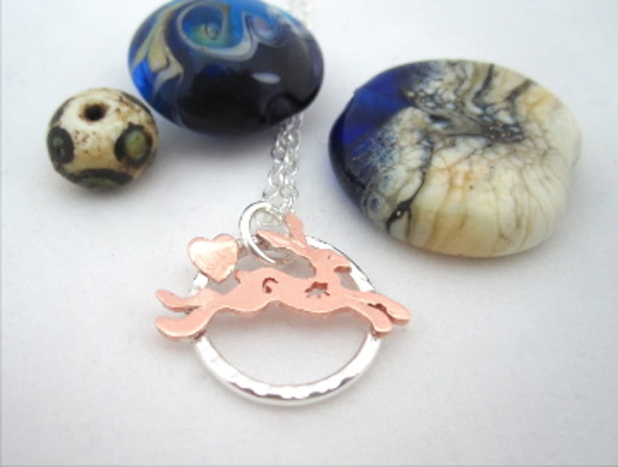 Hare Silver Circle Heart Pendant with Copper Hare, Necklace.