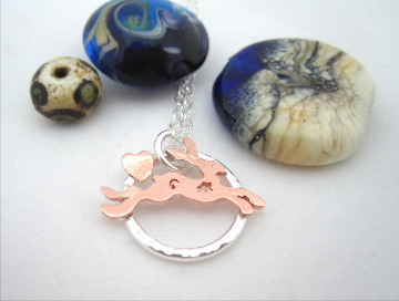 Hare Silver Circle Heart Pendant with Copper Hare, Necklace.