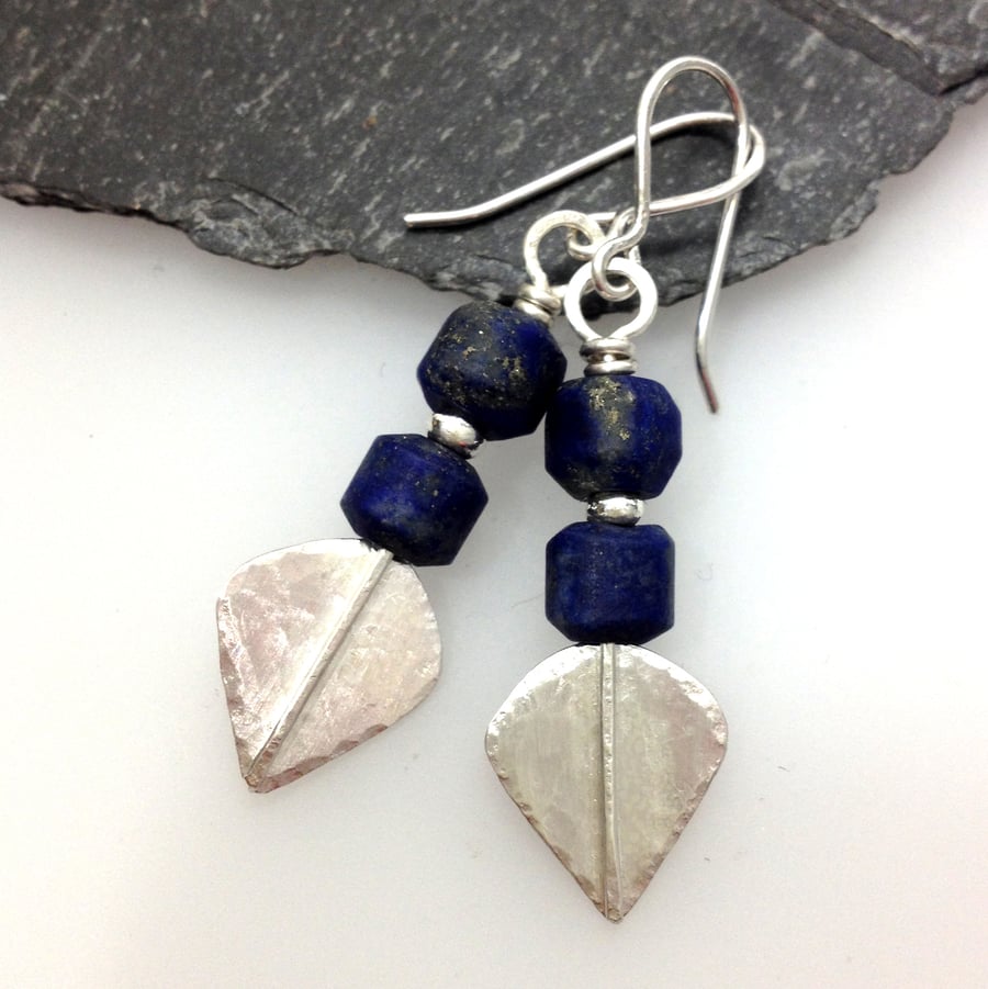 Silver and matte lapis lazuli leaf spear earrings