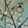 Long Tailed Tits on Blackthorn linocut print