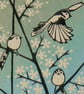 Long Tailed Tits on Blackthorn linocut print - Image 1