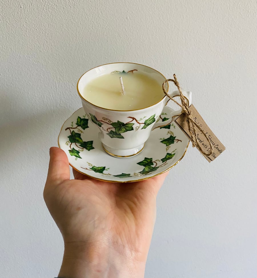 Dark Honey and Tobacco Tea Cup Candle with Saucer