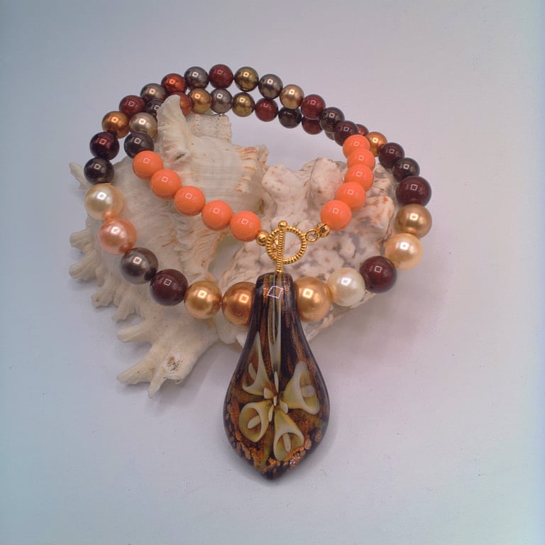 Golden Brown Glass Floral Pendant on a Pearl Necklace, Floral Glass Pendant
