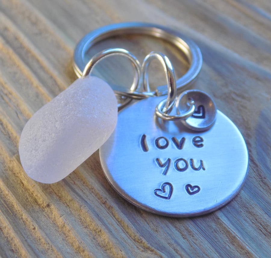 Sea glass and aluminium stamped keyring