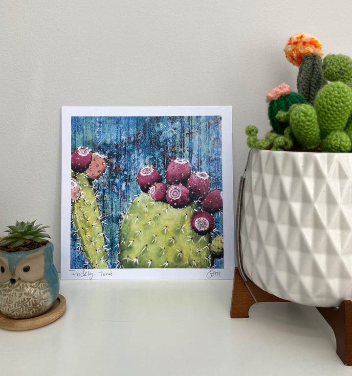 8"x8" Prickly Pear Cactus with tuna fruit art print on paper