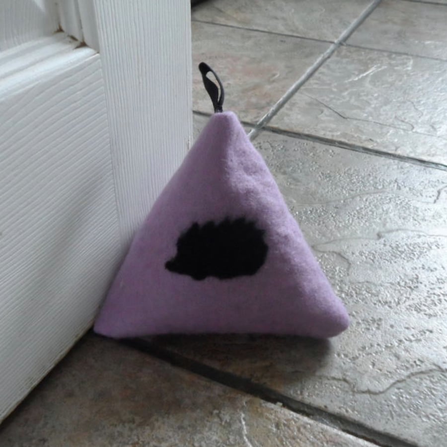 Doorstop, handmade lilac felt with hedgehog silhouette