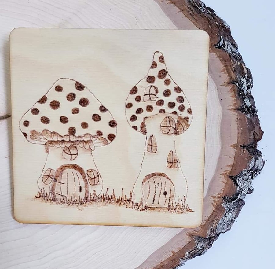 Hand Burned Wooden Coaster - Mushrooms