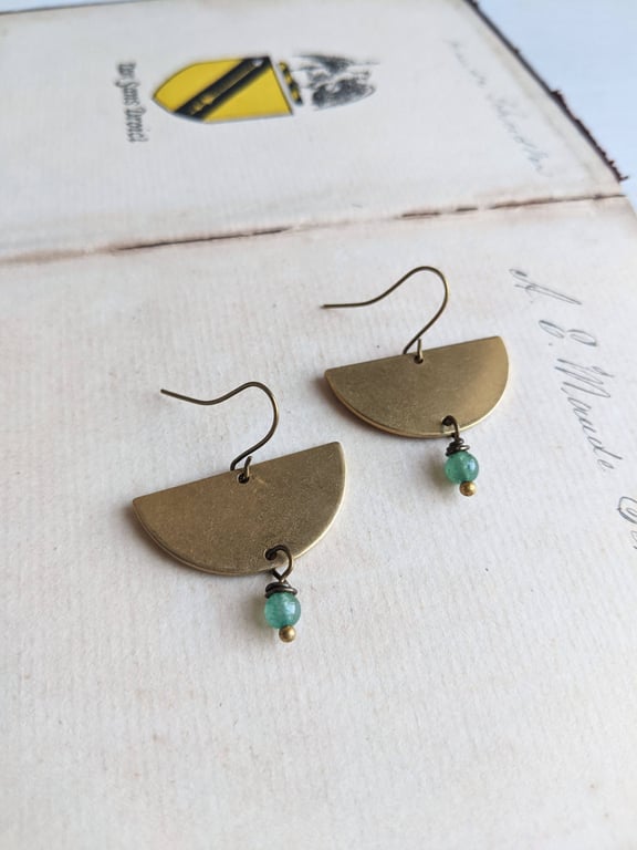 Golden Semi Circle earrings with blue Lapis Lazuli - deep blue stones and brass 