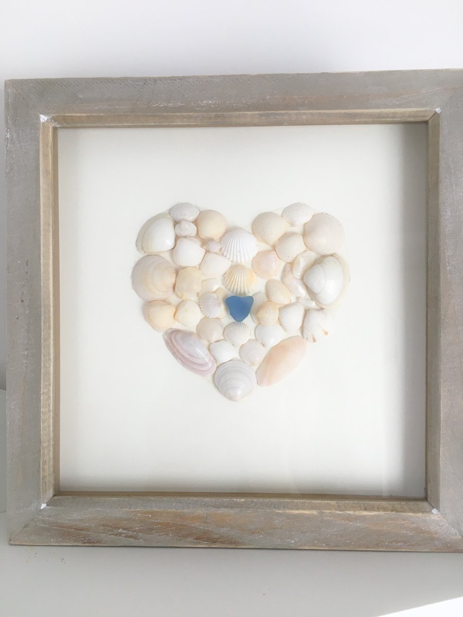 Framed heart made with shells and sea glass found on St Ives beaches 